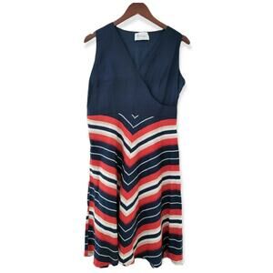 Nathalie Jarcon Linen Blend Navy Red White A Line Dress chevron Women's L